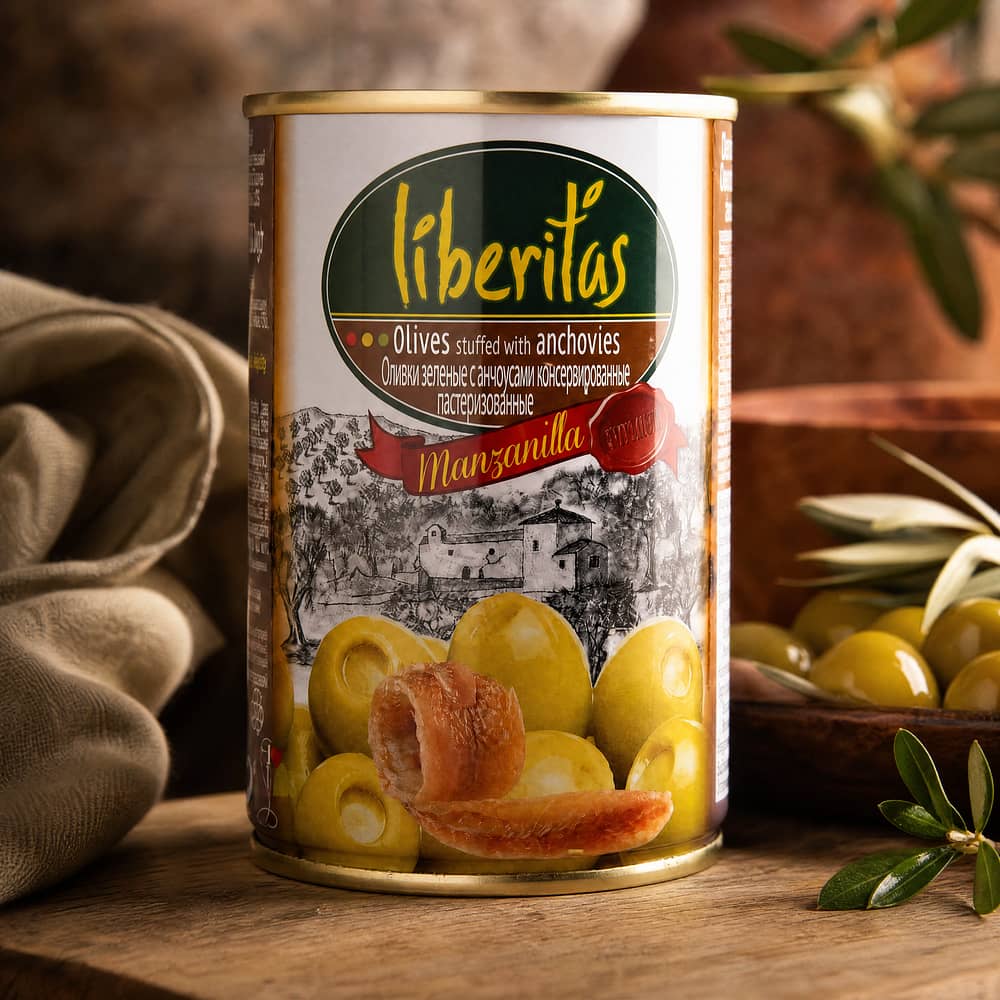 Liberitas Grüne Oliven gefüllt mit Anchovis 280g 100 Gramm Abtropfgewicht Produktbild