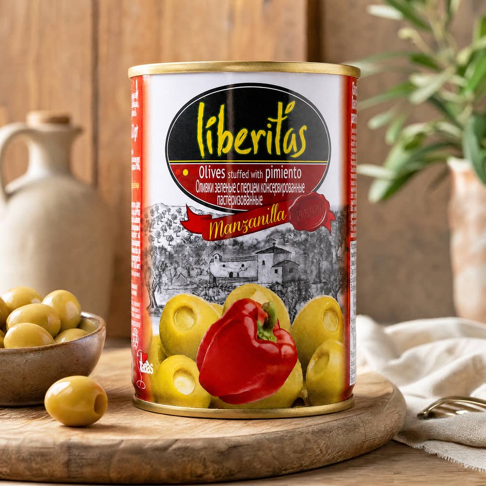 Liberitas Grüne Oliven gefüllt mit rotem Paprika 280g 100 Gramm Abtropfgewicht Produktbild