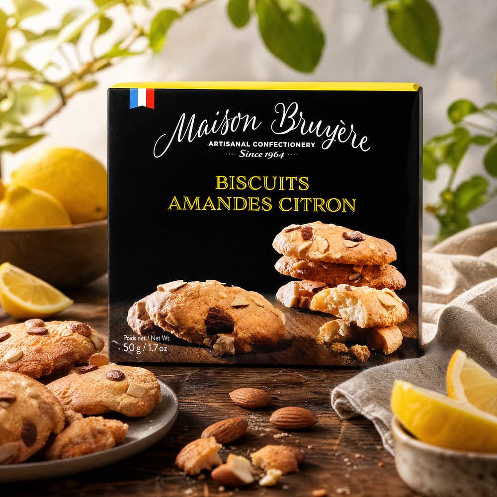 Maison Bruyère Biscuits Amandes Citron Knusprige Mandelkekse mit Zitrone 50 Gramm Produktbild