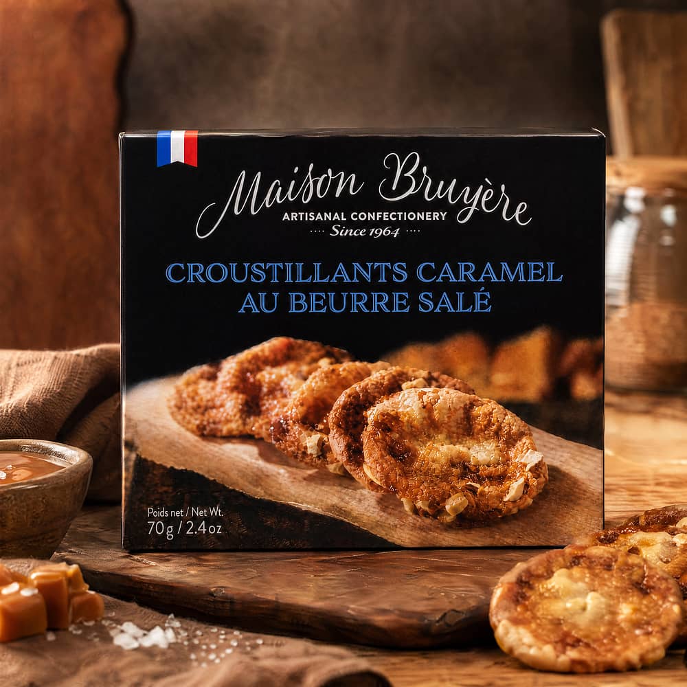 Maison Bruyère Croustillants Caramel Au Beurre Sale Knusprige Kekse mit gesalzenes Karamell 70 Gramm Produktbild