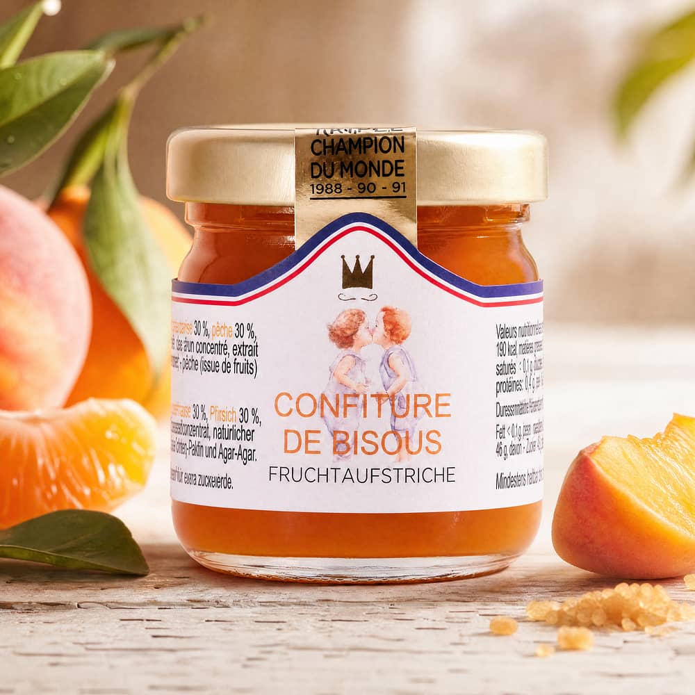 Maison Francis Miot Confiture De Bisous Kuss-Konfitüre aus Klementine & Pfirsich mit Rohrzucker 45 Gramm Produktbild