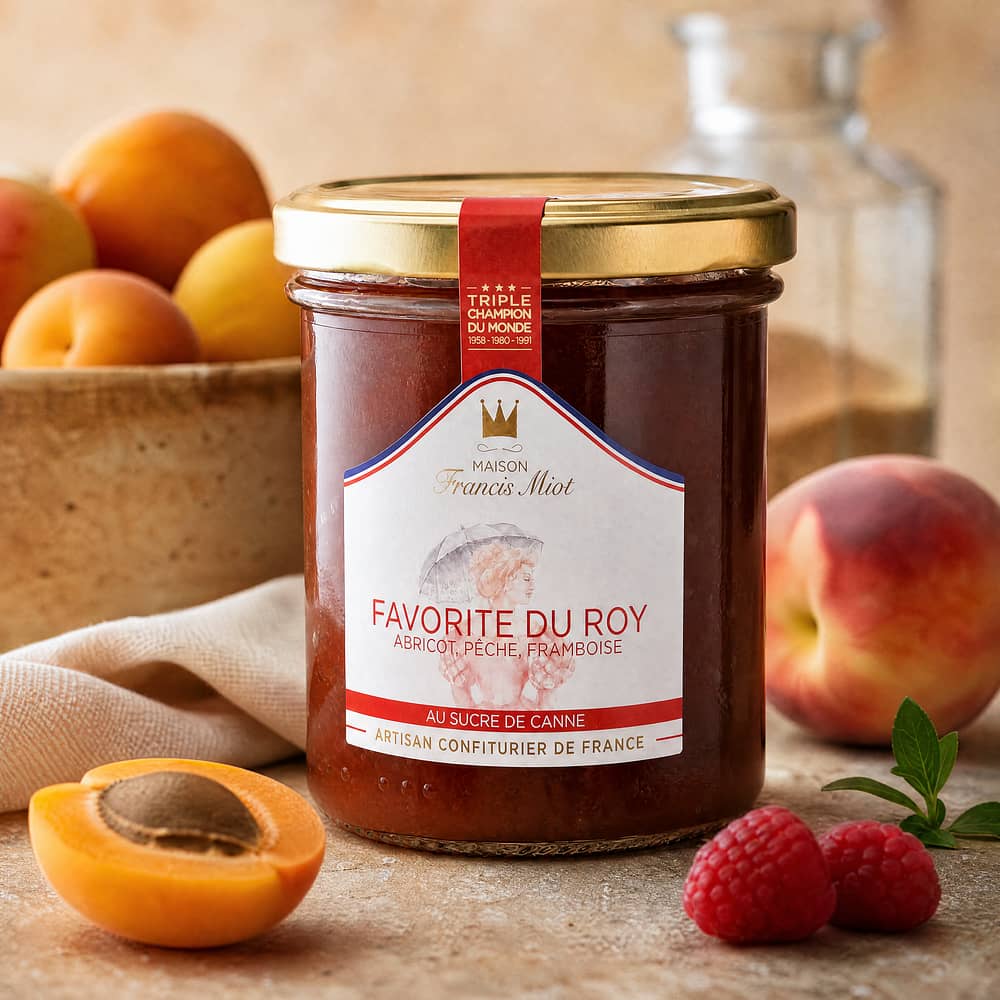 Maison Francis Miot Favorite Du Roy /Aprikose, Pfirsich & Himbeere Fruchtaufstrich mit Rohrzucker 220 Gramm Produktbild