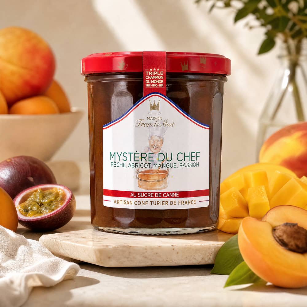 Maison Francis Miot Mystère du Chef Fruchtaufstrich aus Pfirsich, Aprikos; Mango & Passionsfrucht 340 Gramm Produktbild