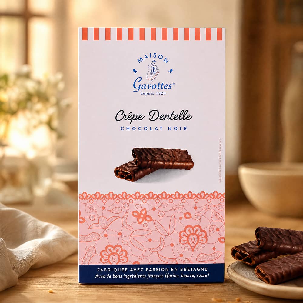 Maison Gavottes Crêpe Dentelle Chocolat Noir Knusper-Plätzchen mit Zartbitterschokolade 100 Gramm Produktbild