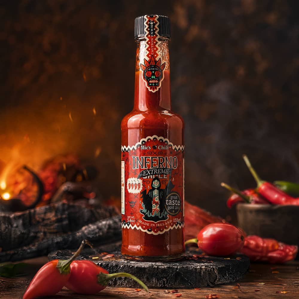 Mic's Chilli Inferno Extreme extrem scharfe Chili-Sauce 12 Habanero-Chili pro Flasche 80.000 Scoville 155 Gramm Produktbild