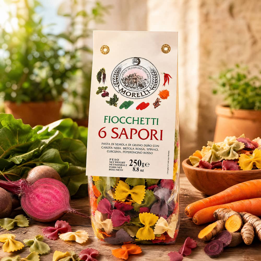 Morelli 6 Aromen Fiocchetti Bunte Nudeln 250 Gramm Produktbild