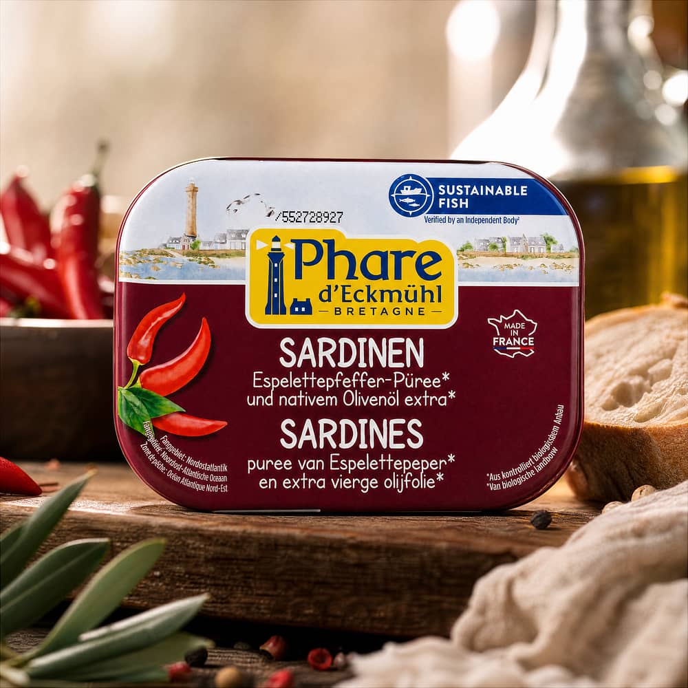 Phare d'Eckmühl Sardinen in Olivenöl* extra mit Espelettepfeffer* 135g 102 Gramm Abtropfgewicht Produktbild