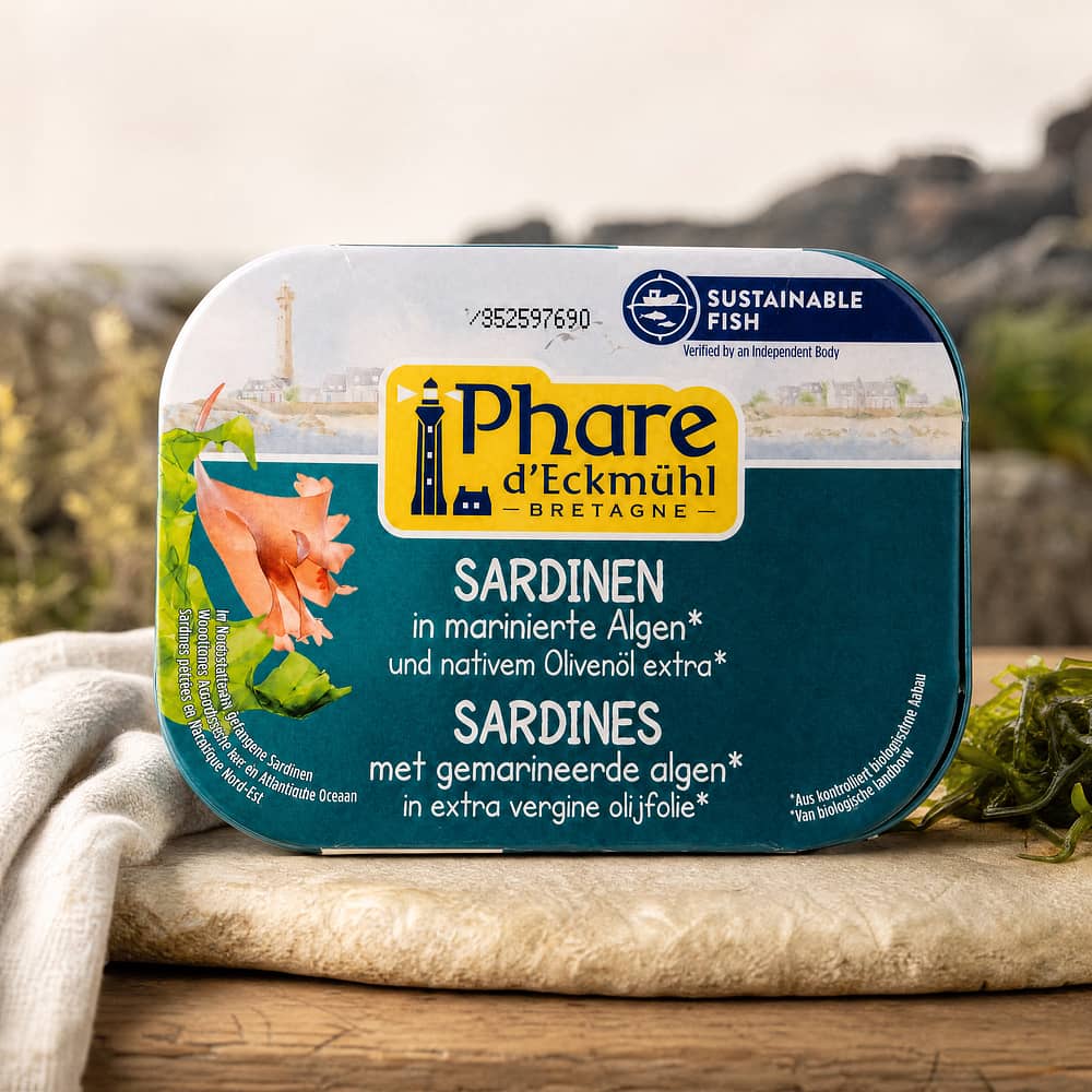 Phare d'Eckmühl Sardinen in Bio-Olivenöl extra & marinierte Algen 135g 102 Gramm Abtropfgewicht Produktbild