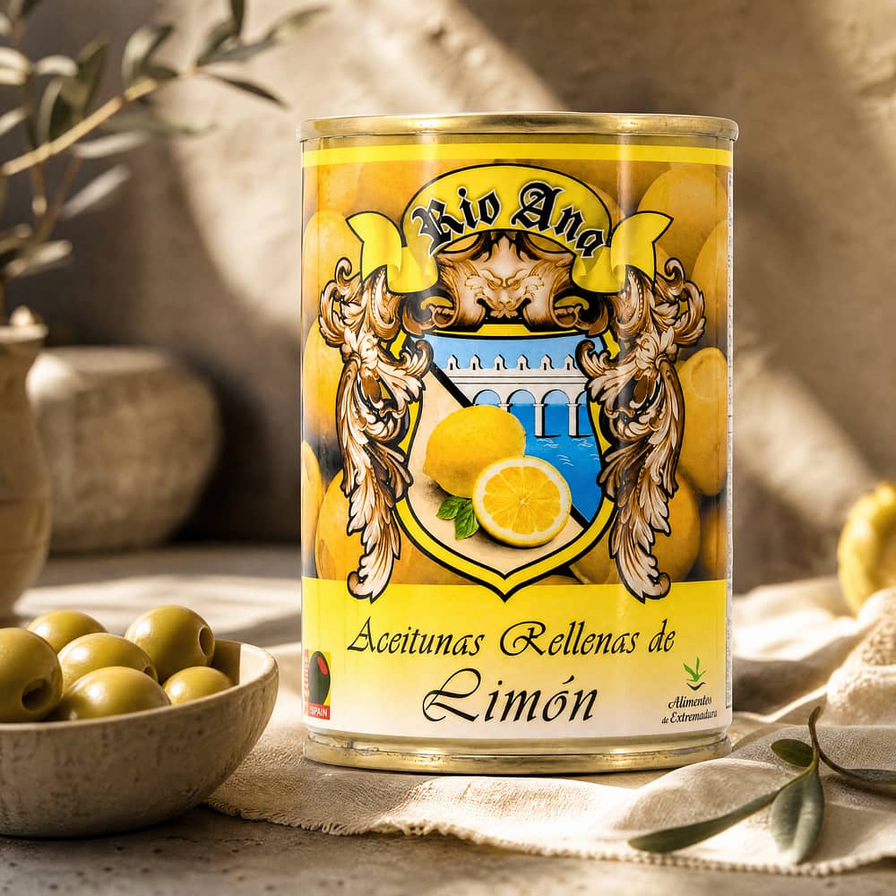 Rio Ana Aceitunas Rellenas de Limón Grüne Oliven gefüllt mit Zitronenpaste 292g 120 Gramm Abtropfgewicht Produktbild