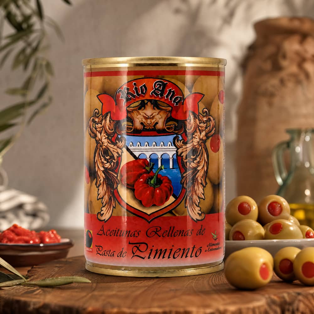 Rio Ana Aceitunas Rellenas de Pasta de Pimiento Grüne Oliven gefüllt mit Paprikapaste 292g 120 Gramm Abtropfgewicht Produktbild