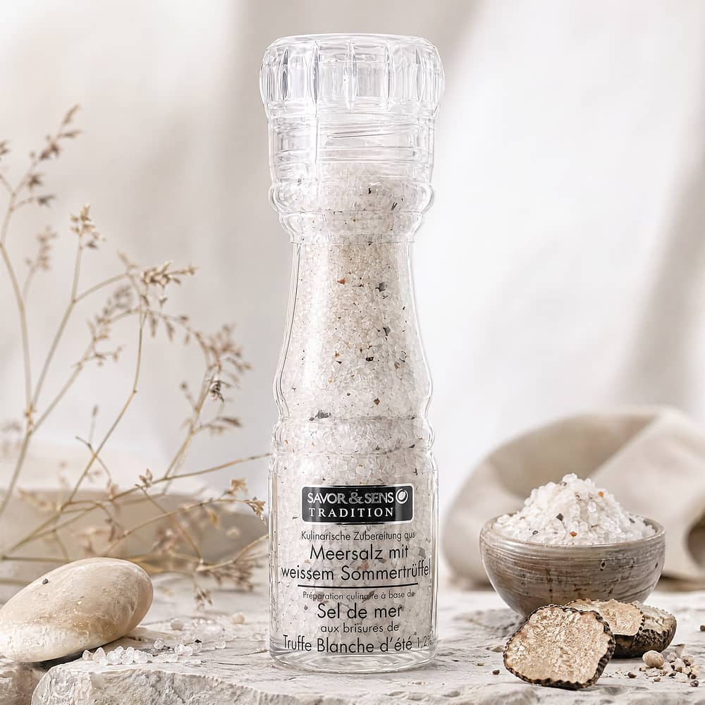 SAVOR CREATIONS Salzmühle mit weißem Sommertrüffel Meersalz 150 Gramm Produktbild