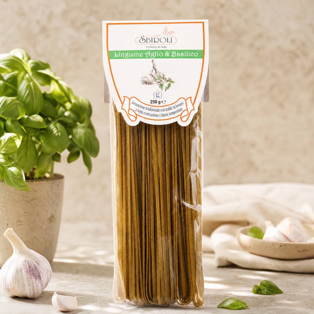 Sbiroli Linguine Aglio & Basilico Linguine mit Knoblauch und Basilikum 250 Gramm Produktbild