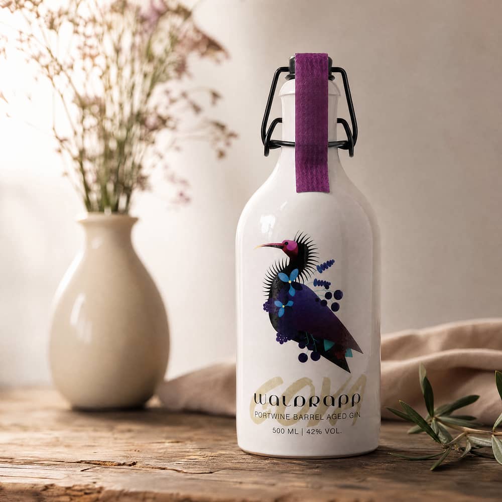 Taube BIO Gin Waldrapp GOYA Port Wine Barrel Aged Steinzeugflasche mit Bügelverschluß 0,50 Liter/ 42.0% vol Produktbild