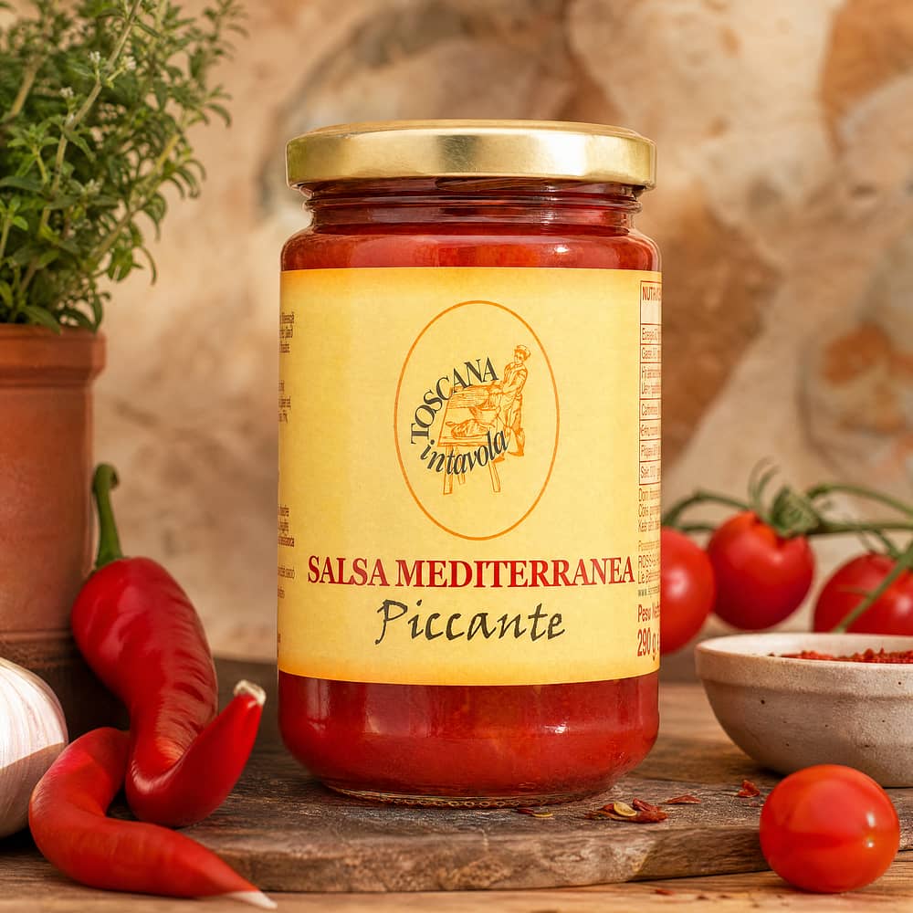 TOSCANA intavola Salsa Mediterranea Piccante Tomatensauce mit scharfer Paprika 290 Gramm Produktbild