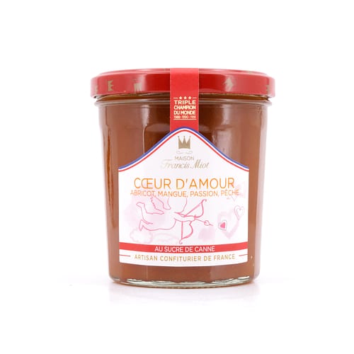 Maison Francis Miot Coeur d`Amour Konfitüre aus Aprikose, Mango, Passionsfrucht, Pfirsich & Champagner, mit Rohrzucker 340 Gramm Produktbild
