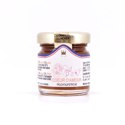 Maison Francis Miot Coeur d`Amour Konfitüre aus Aprikose, Mango, Passionsfrucht, Pfirsich & Champagner, mit Rohrzucker 45 Gramm Produktbild
