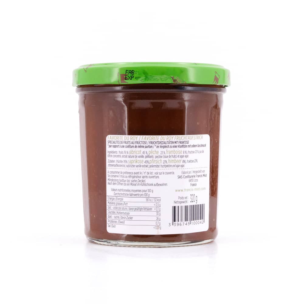 Maison Francis Miot Favorite Du Roy /Aprikose, Pfirsich & Himbeere Fruchtaufstrich ohne Zucker 320 Gramm Produktbild