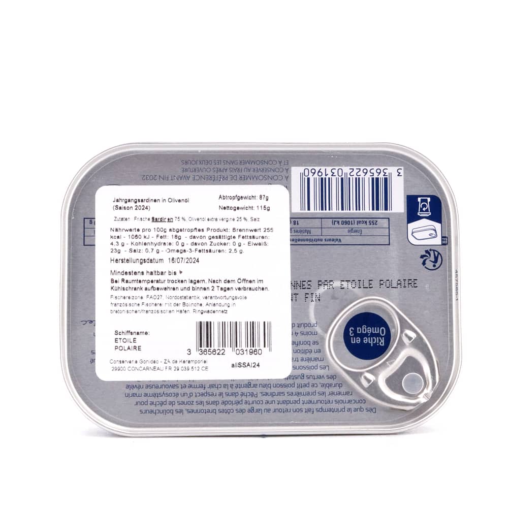 Mouettes d'Arvor Jahrgangs- Sardinen in Olivenöl Jahrgang 2024 115g 87 Gramm Abtropfgewicht Produktbild