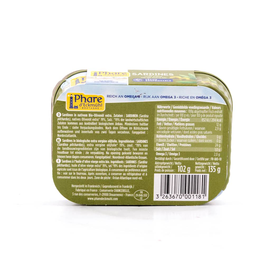 Phare d'Eckmühl Sardinen in BIO-Olivenöl extra 135g 102 Gramm Abtropfgewicht Produktbild
