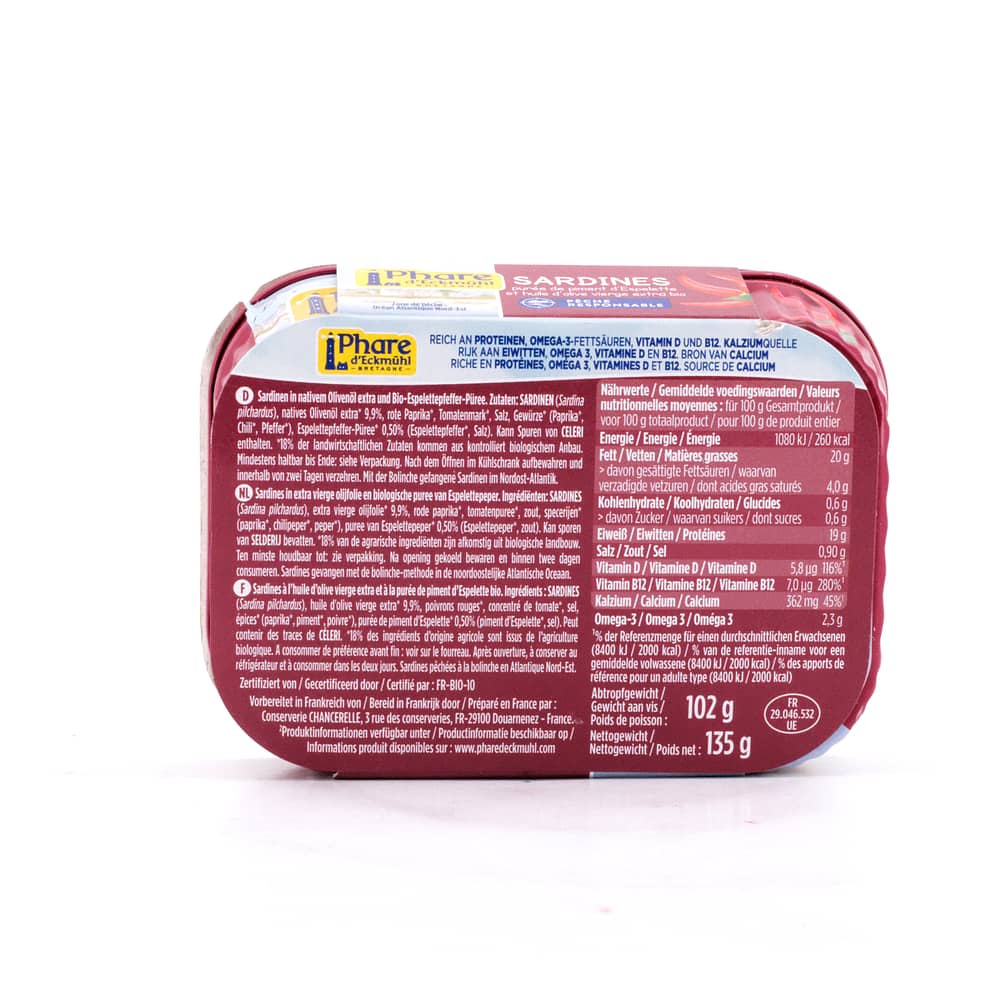 Phare d'Eckmühl Sardinen in Olivenöl* extra mit Espelettepfeffer* 135g 102 Gramm Abtropfgewicht Produktbild