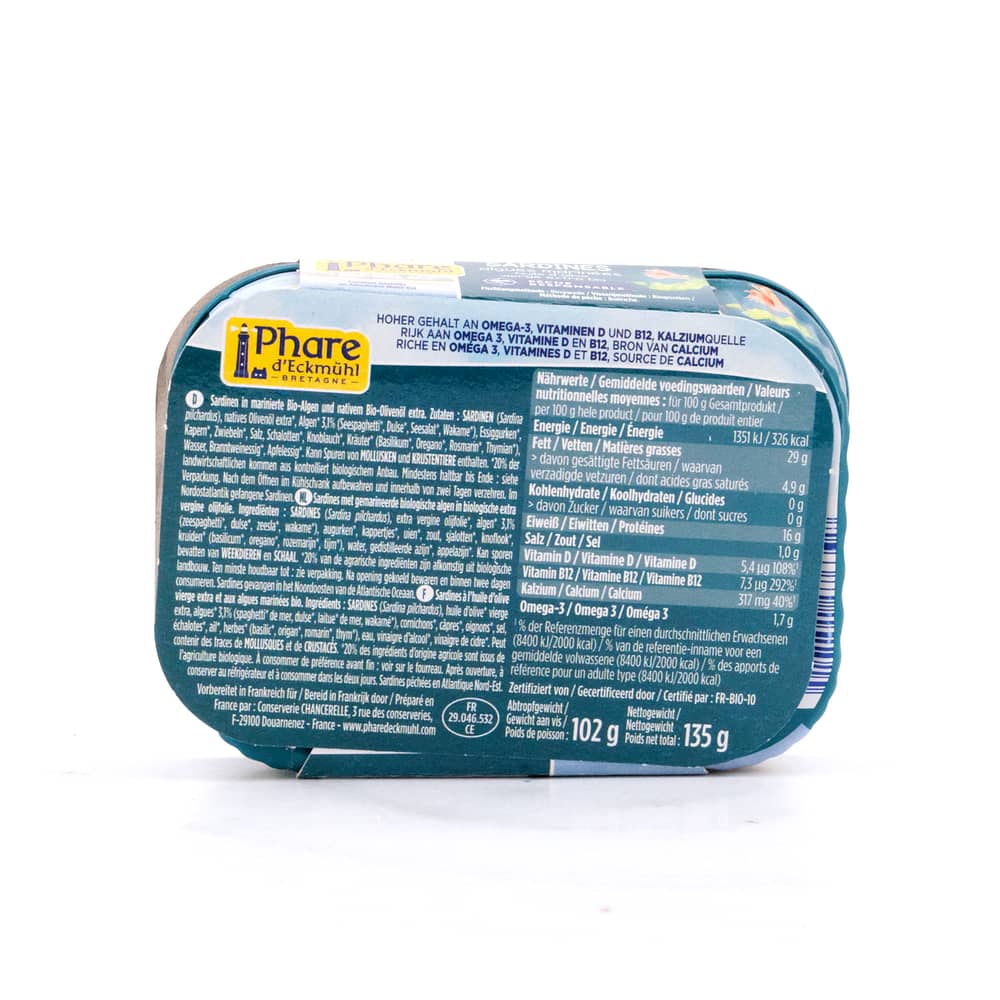 Phare d'Eckmühl Sardinen in Bio-Olivenöl extra & marinierte Algen 135g 102 Gramm Abtropfgewicht Produktbild