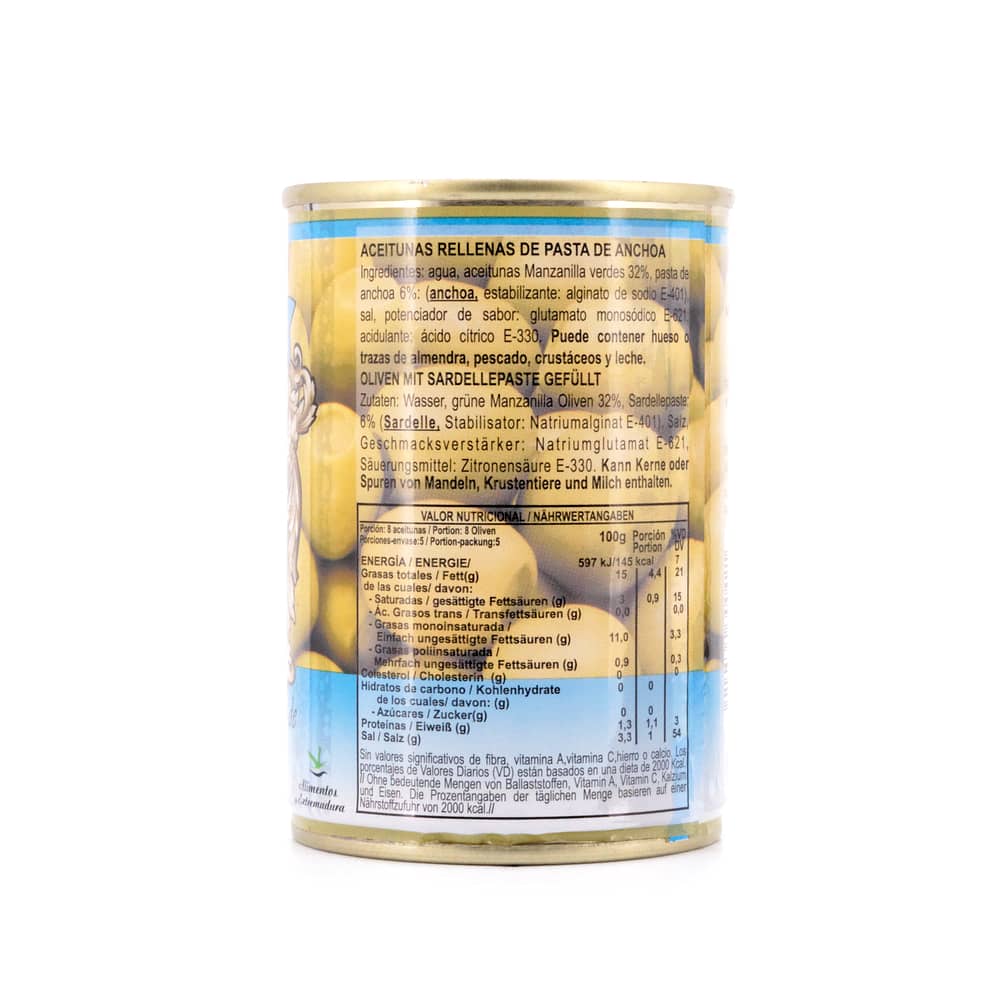 Rio Ana Aceitunas Rellenas de Anchoa Grüne Oliven gefüllt mit Sardellenpaste 292g 120 Gramm Abtropfgewicht Produktbild