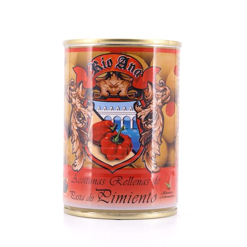 Rio Ana Aceitunas Rellenas de Pasta de Pimiento Grüne Oliven gefüllt mit Paprikapaste 292g 120 Gramm Abtropfgewicht Produktbild