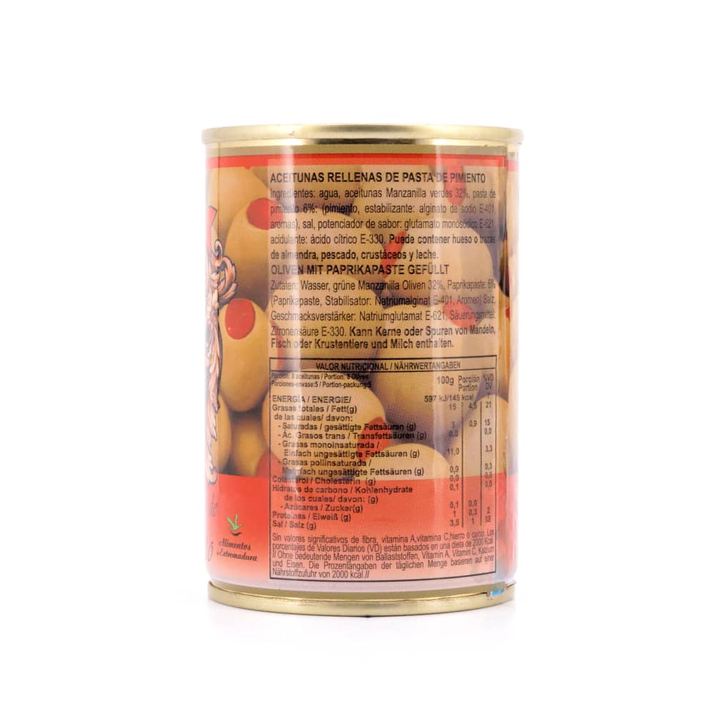 Rio Ana Aceitunas Rellenas de Pasta de Pimiento Grüne Oliven gefüllt mit Paprikapaste 292g 120 Gramm Abtropfgewicht Produktbild