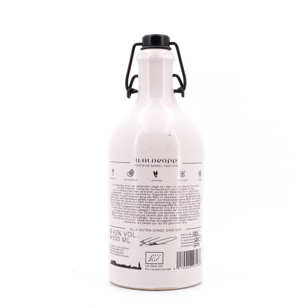 Taube BIO Gin Waldrapp GOYA Port Wine Barrel Aged Steinzeugflasche mit Bügelverschluß 0,50 Liter/ 42.0% vol Produktbild